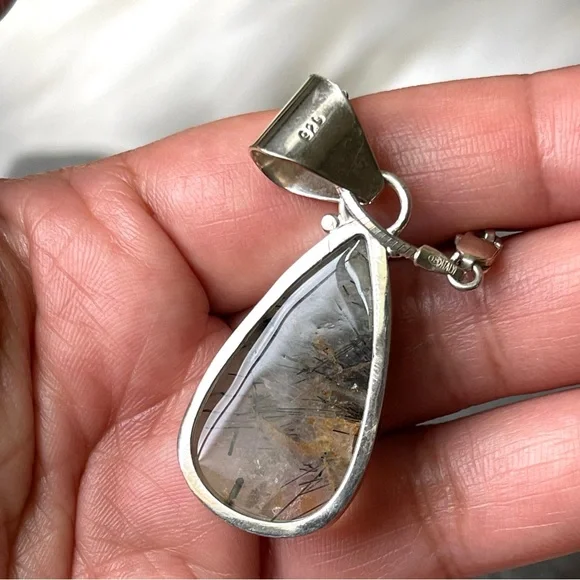Black Rutilated Quartz Tear Drop Pendant 925 Sterling Silver 19" Necklace Chain - Picture 6 of 15